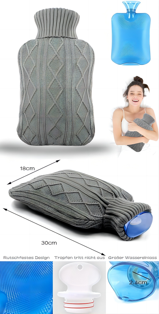 Hot water bag with cover, hot pad with knitted sleeve, durable and free of harmful substances. Hot water bottle for fever