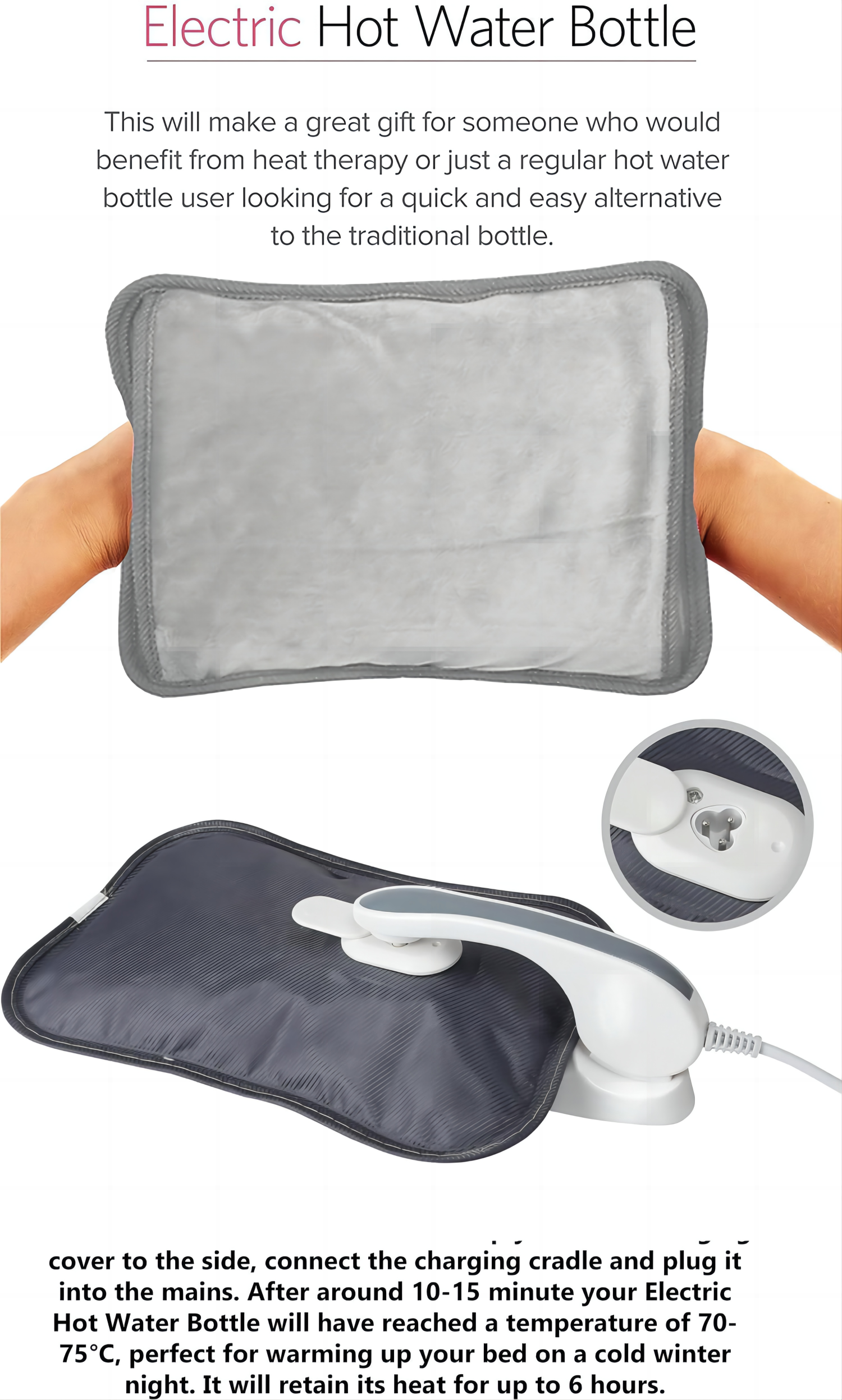 2 in 1 Rechargeable Electric Hot Water Bottle with Hand Warmer Pocket Massaging Heat Pad - Soothing Heat Ideal for Back Body Pain