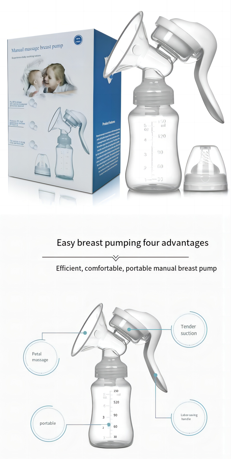 Manual breast pump: designed with lever principle, the rhythm of force is controlled by you